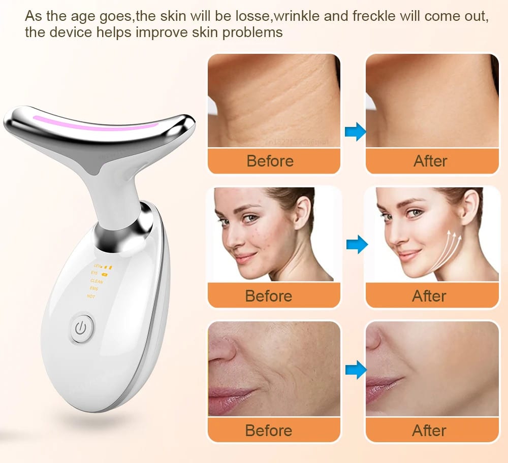 EMS Face Lifting device showing before and after results for neck lines, facial elasticity, and collagen boost.