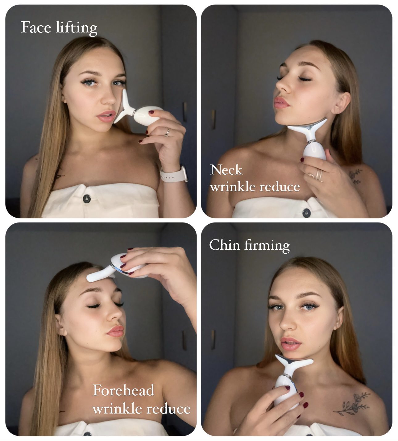 Model demonstrating Beauty Device for face lifting, neck wrinkle reduction, chin firming, and forehead wrinkle reduction, promoting collagen and youthful skin.