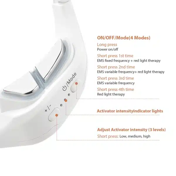 Close-up of under-eye red light therapy device showing 4 treatment modes and 3 intensity levels