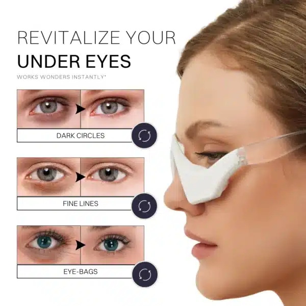 Woman using under-eye red light therapy device to reduce dark circles, eye bags, and fine lines