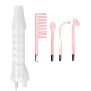 High-frequency comb with 4 interchangeable attachments for facial and hair treatments, including acne reduction, skin tightening, and hair growth stimulation.