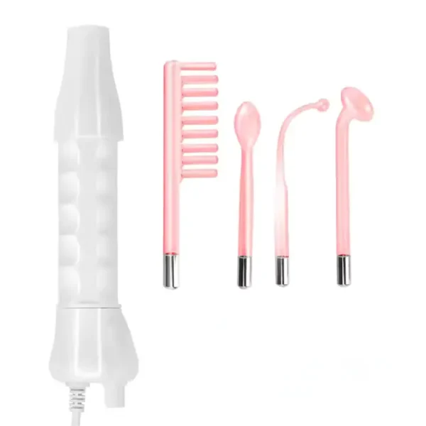 High-frequency comb with 4 interchangeable attachments for facial and hair treatments, including acne reduction, skin tightening, and hair growth stimulation.