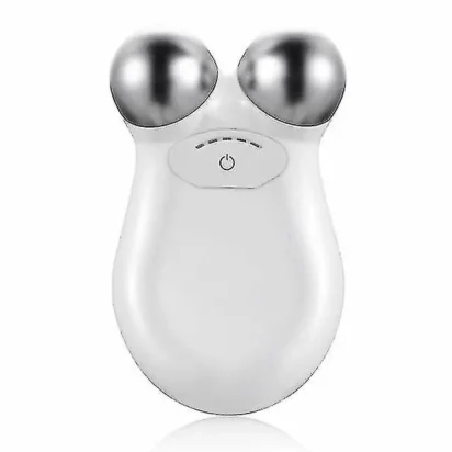 Microcurrent device for facial toning and wrinkle reduction with ergonomic design and dual metal nodes.