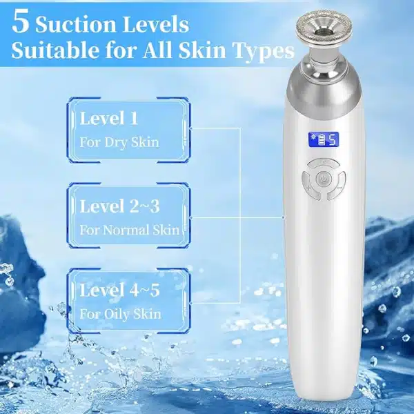 Diamond microdermabrasion machine showing 5 suction levels for different skin types