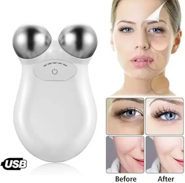 Facial toning device with before and after results showing skin firming and wrinkle reduction