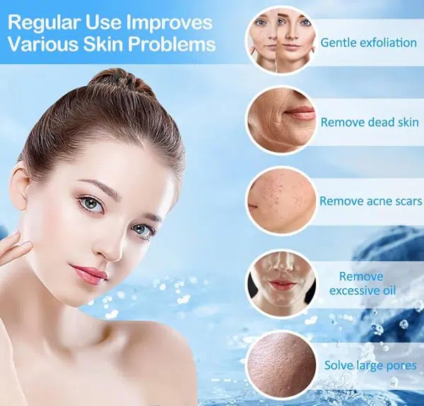 Woman touching face with list of diamond microdermabrasion benefits like exfoliation and acne scar removal