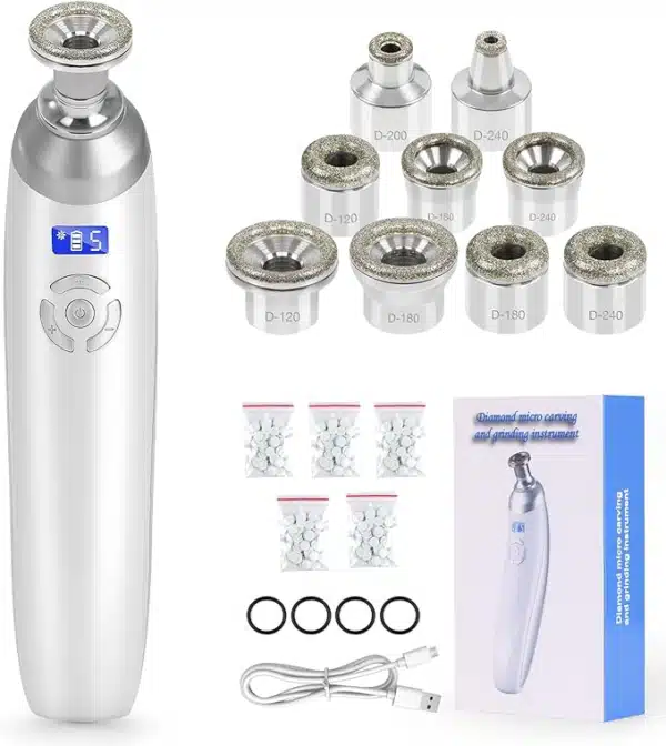 Full diamond microdermabrasion machine kit including tips, filters, O-rings, USB charger, and instruction manual