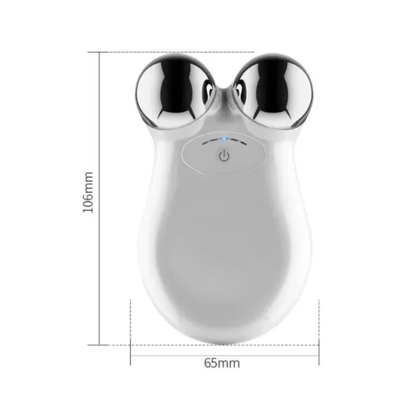 Facial toning device with dual metal spheres and power button, showing dimensions
