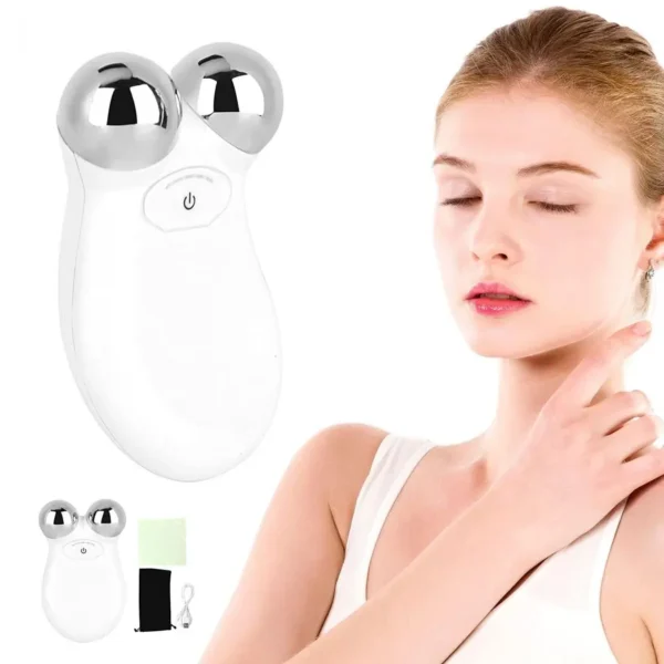 Facial toning device with woman demonstrating skin tightening treatment