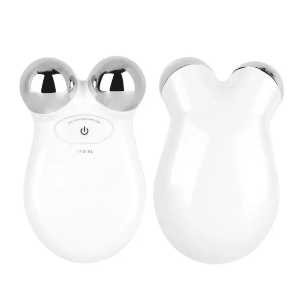 Front and back view of facial toning device showing sleek and compact design